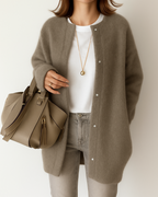 Relaxed Fit Button-Front Cardigan with Ribbed Trim and Long Sleeves