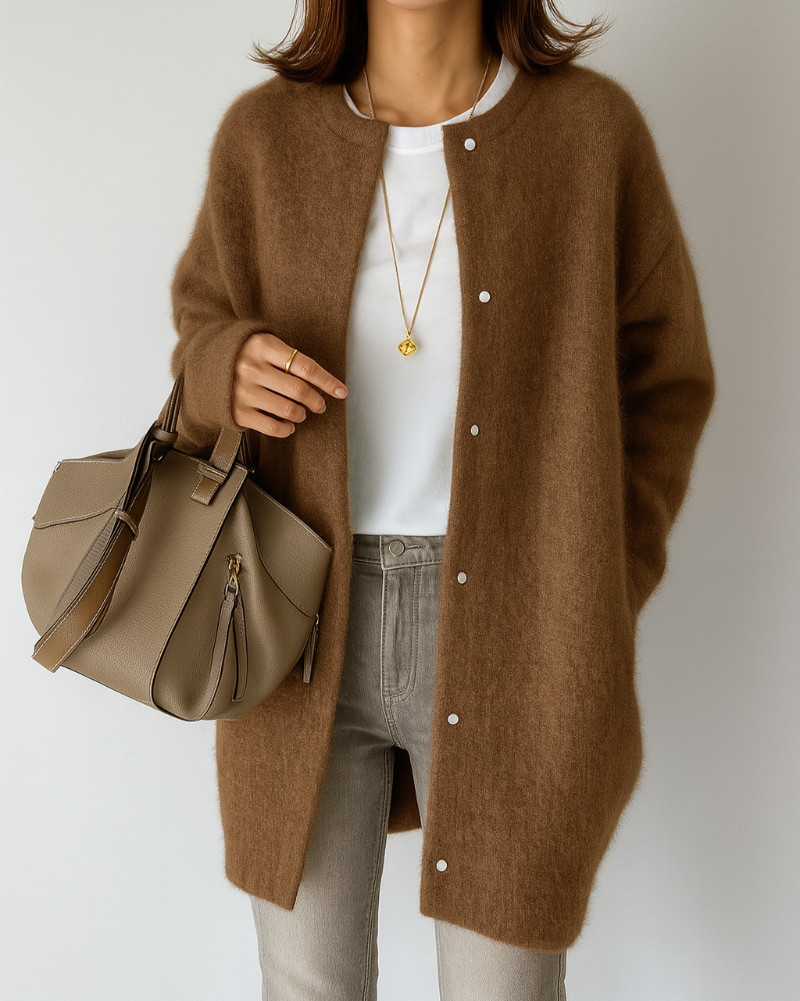Relaxed Fit Button-Front Cardigan with Ribbed Trim and Long Sleeves