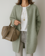 Relaxed Fit Button-Front Cardigan with Ribbed Trim and Long Sleeves