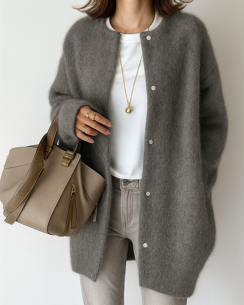 Relaxed Fit Button-Front Cardigan with Ribbed Trim and Long Sleeves