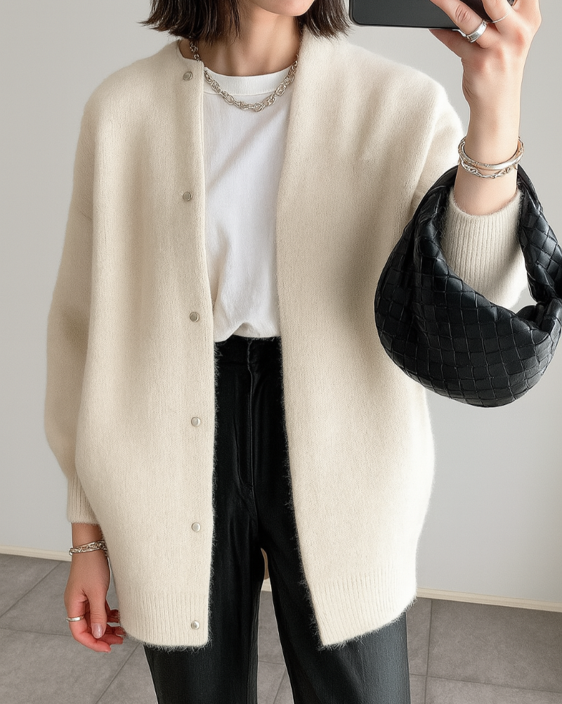 Relaxed Fit Button-Front Cardigan with Ribbed Trim and Long Sleeves