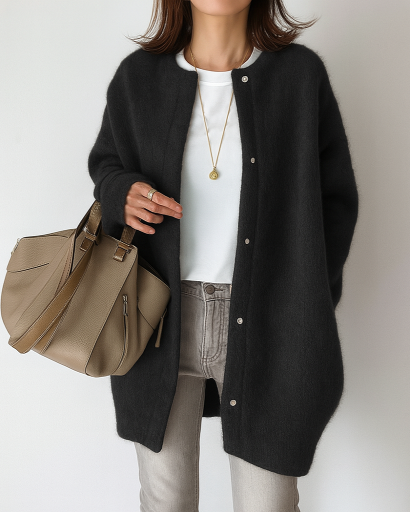 Relaxed Fit Button-Front Cardigan with Ribbed Trim and Long Sleeves