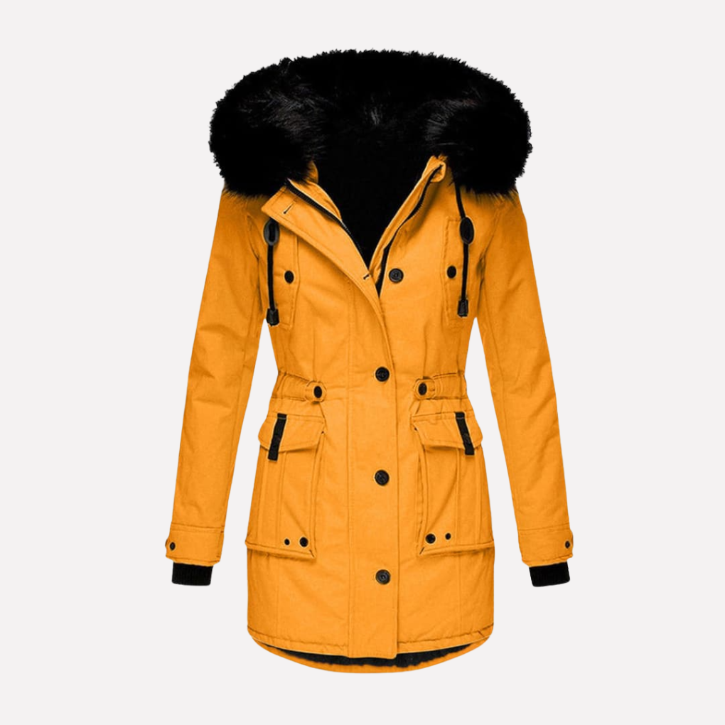Women's Faux Fur Trim Hooded Parka Jacket with Flap Pockets and Adjustable Waist