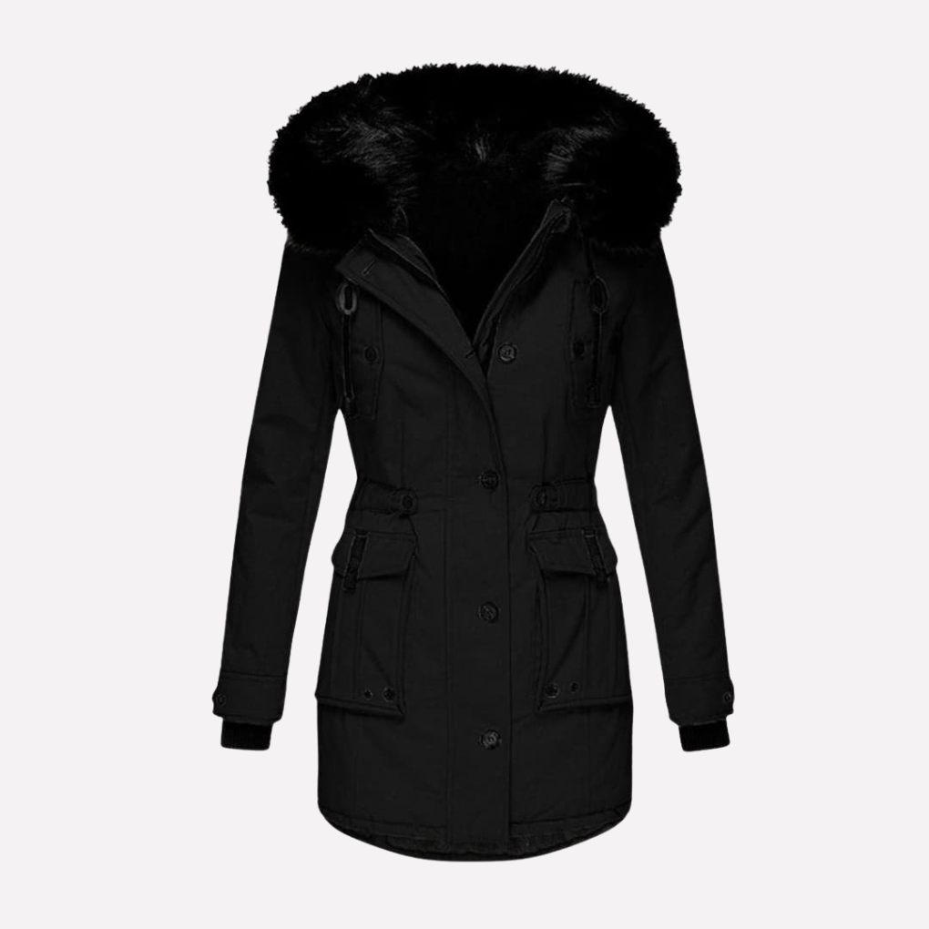 Women's Faux Fur Trim Hooded Parka Jacket with Flap Pockets and Adjustable Waist