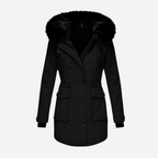 Women's Faux Fur Trim Hooded Parka Jacket with Flap Pockets and Adjustable Waist