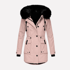 Women's Faux Fur Trim Hooded Parka Jacket with Flap Pockets and Adjustable Waist