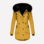 Women's Faux Fur Trim Hooded Parka Jacket with Flap Pockets and Adjustable Waist