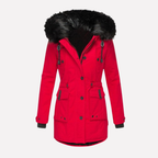 Women's Faux Fur Trim Hooded Parka Jacket with Flap Pockets and Adjustable Waist
