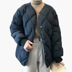 Quilted Women's Bomber Jacket with V-Neckline and Ribbed Cuffs for Everyday Wear