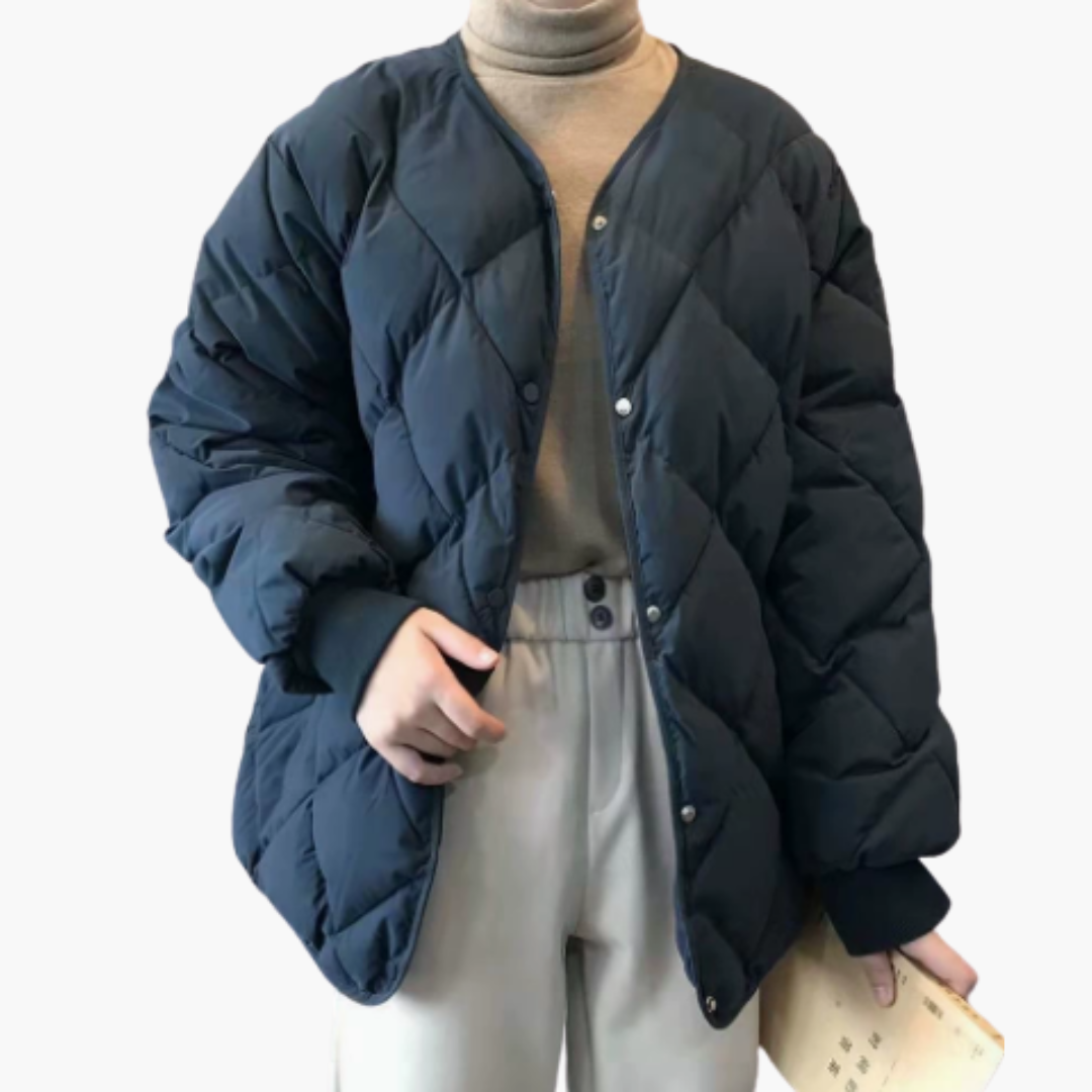 Quilted Women's Bomber Jacket with V-Neckline and Ribbed Cuffs for Everyday Wear