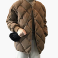 Quilted Women's Bomber Jacket with V-Neckline and Ribbed Cuffs for Everyday Wear