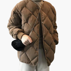 Quilted Women's Bomber Jacket with V-Neckline and Ribbed Cuffs for Everyday Wear