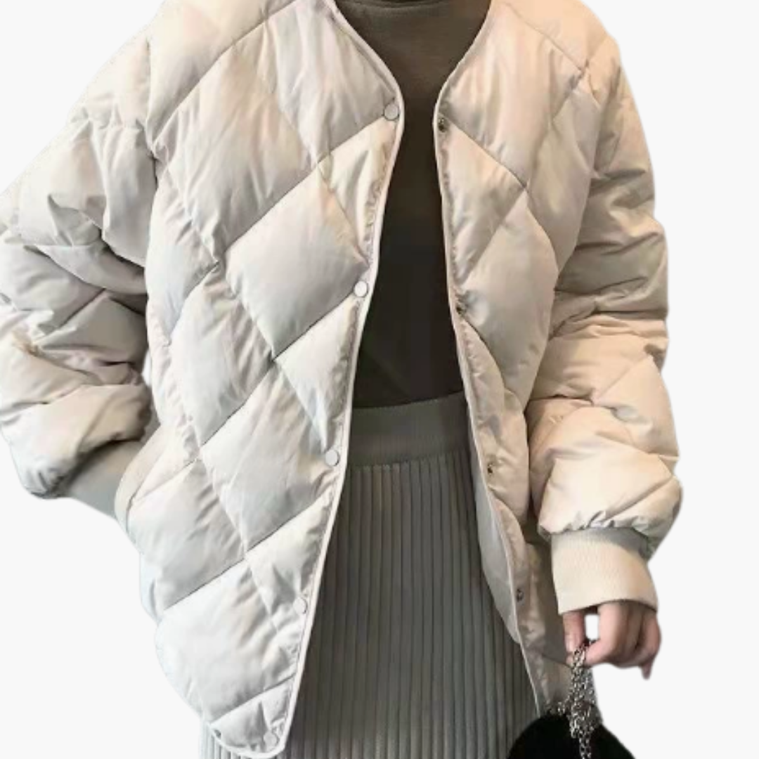 Quilted Women's Bomber Jacket with V-Neckline and Ribbed Cuffs for Everyday Wear