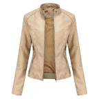 Fitted Elegant Women's Biker Jacket with Standing Collar