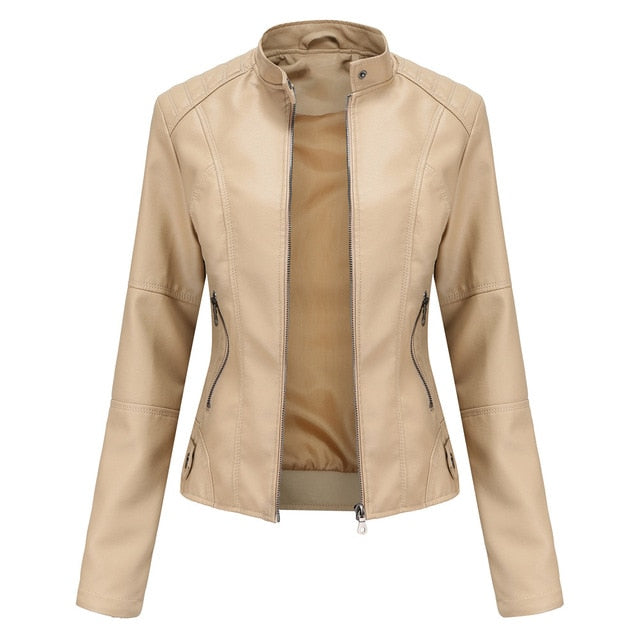 Fitted Elegant Women's Biker Jacket with Standing Collar