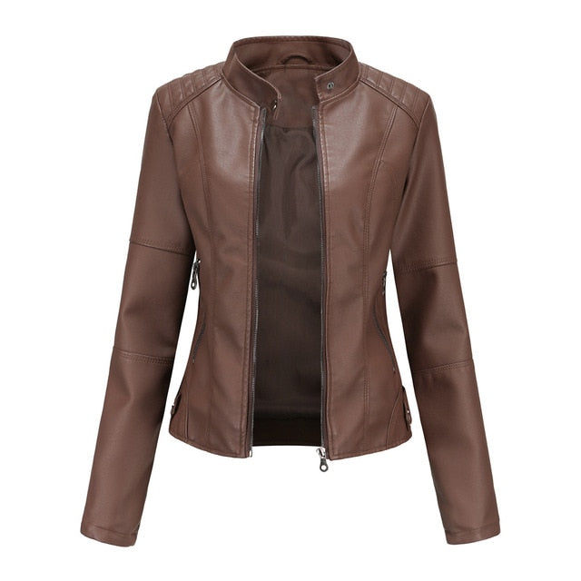 Fitted Elegant Women's Biker Jacket with Standing Collar