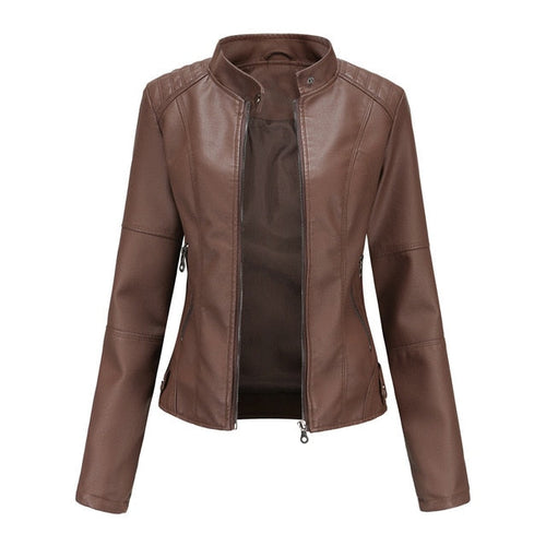 Elegant Women's Figure-Hugging Biker Jacket with Stand-Up Collar