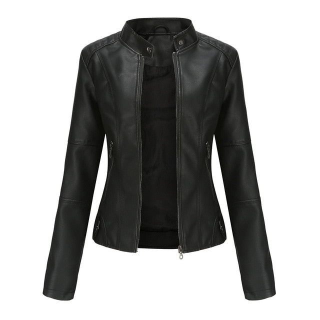 Fitted Elegant Women's Biker Jacket with Standing Collar