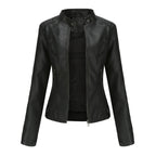 Elegant Women's Figure-Hugging Biker Jacket with Stand-Up Collar
