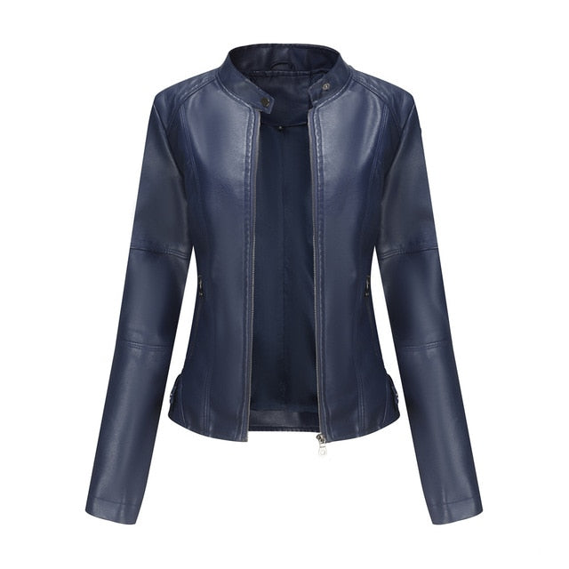 Elegant Women's Figure-Hugging Biker Jacket with Stand-Up Collar