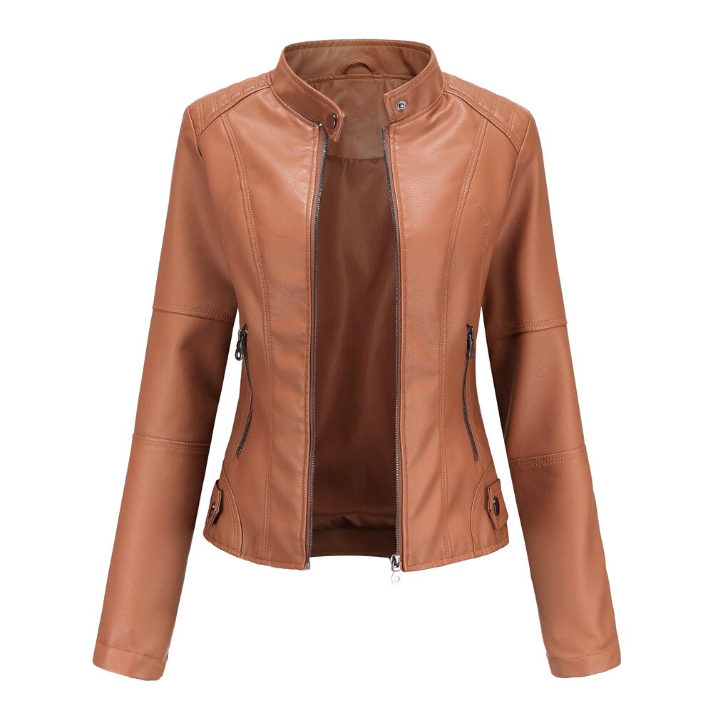 Fitted Elegant Women's Biker Jacket with Standing Collar