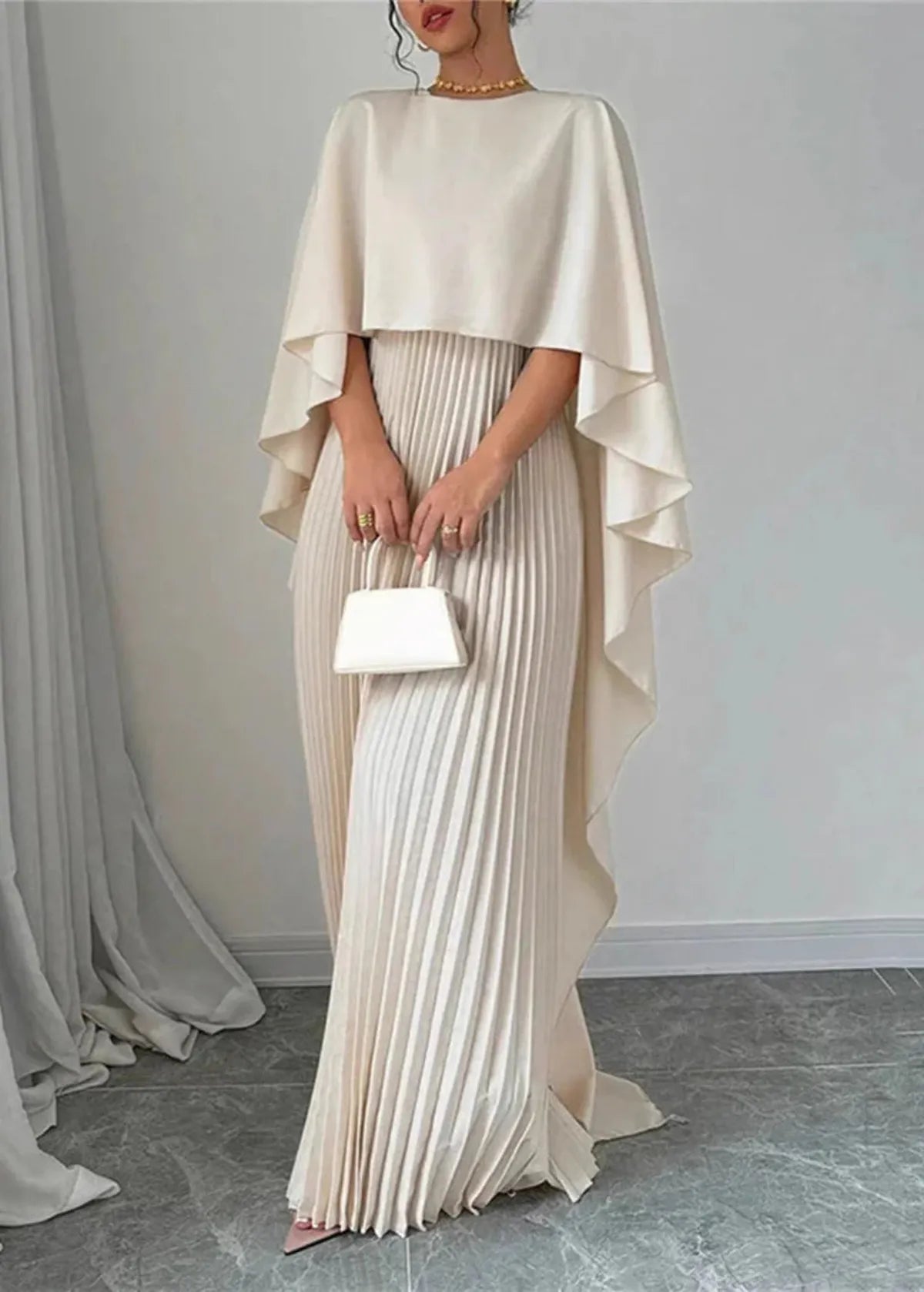 Women's Cape Sleeve Pleated Maxi Dress with Round Neckline