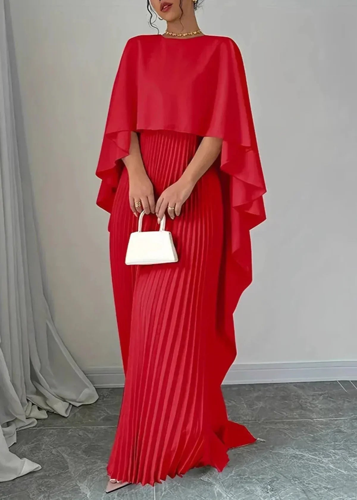 Women's Cape Sleeve Pleated Maxi Dress with Round Neckline