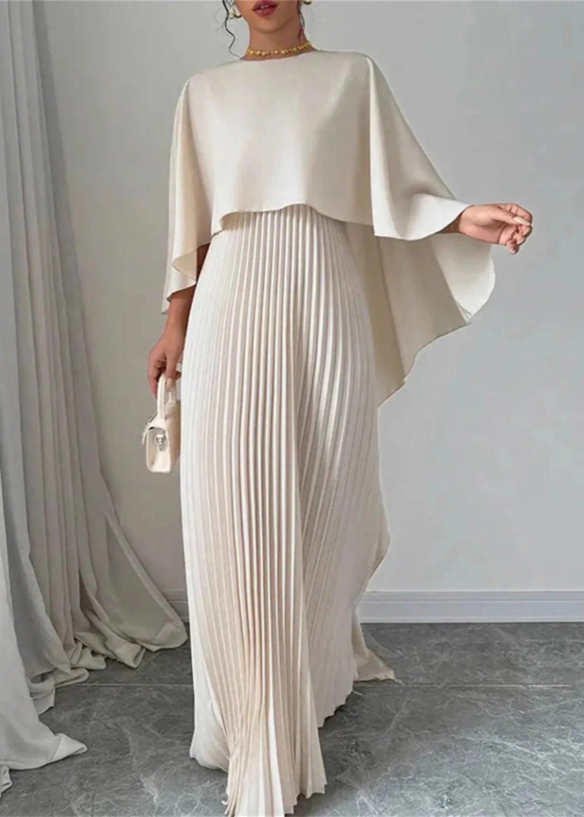 Women's Cape Sleeve Pleated Maxi Dress with Round Neckline