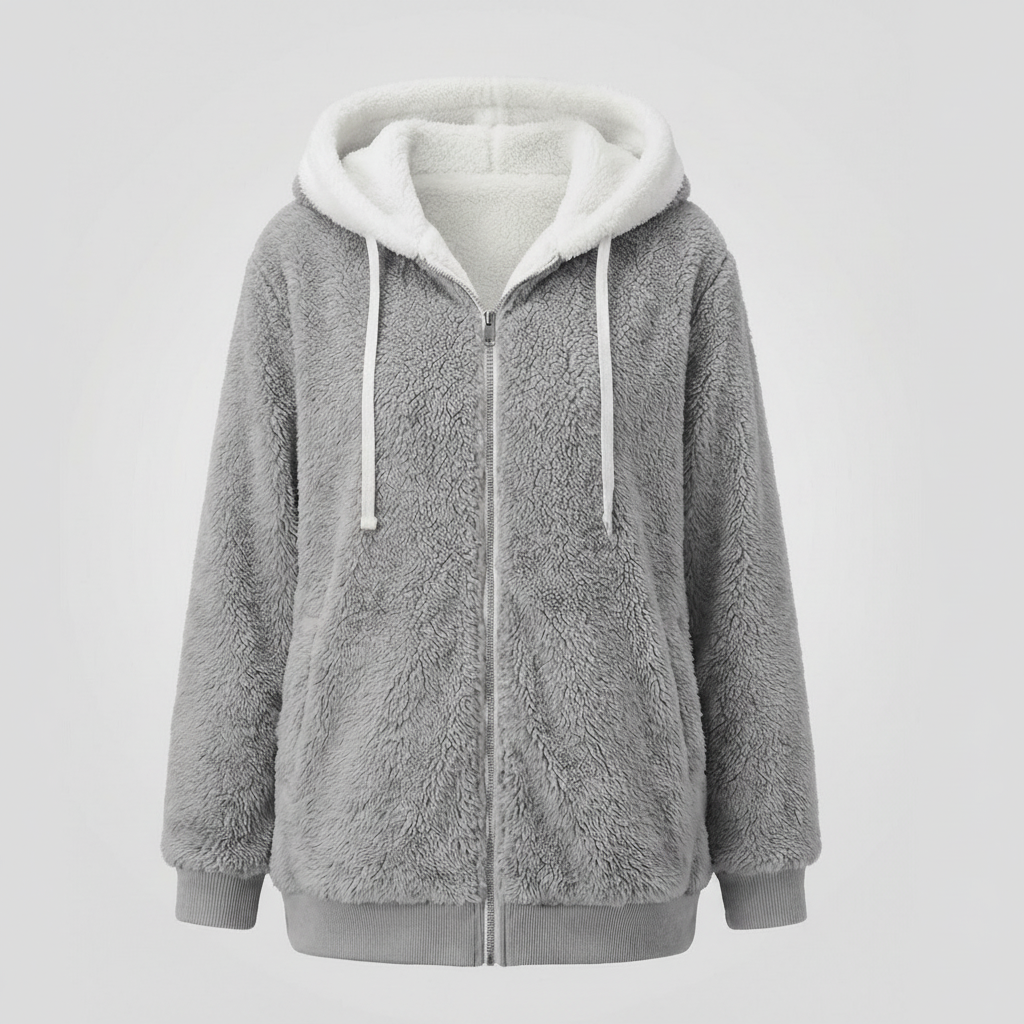 Oversized Women's Hooded Sherpa Jacket with Full Zip and Adjustable Drawstrings