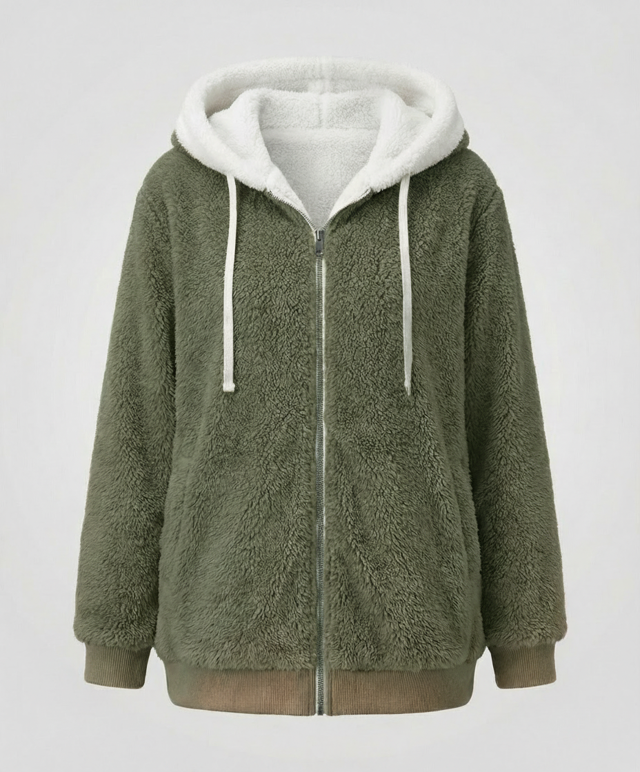 Oversized Women's Hooded Sherpa Jacket with Full Zip and Adjustable Drawstrings
