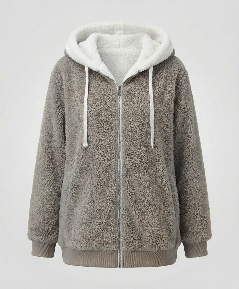 Oversized Women's Hooded Sherpa Jacket with Full Zip and Adjustable Drawstrings