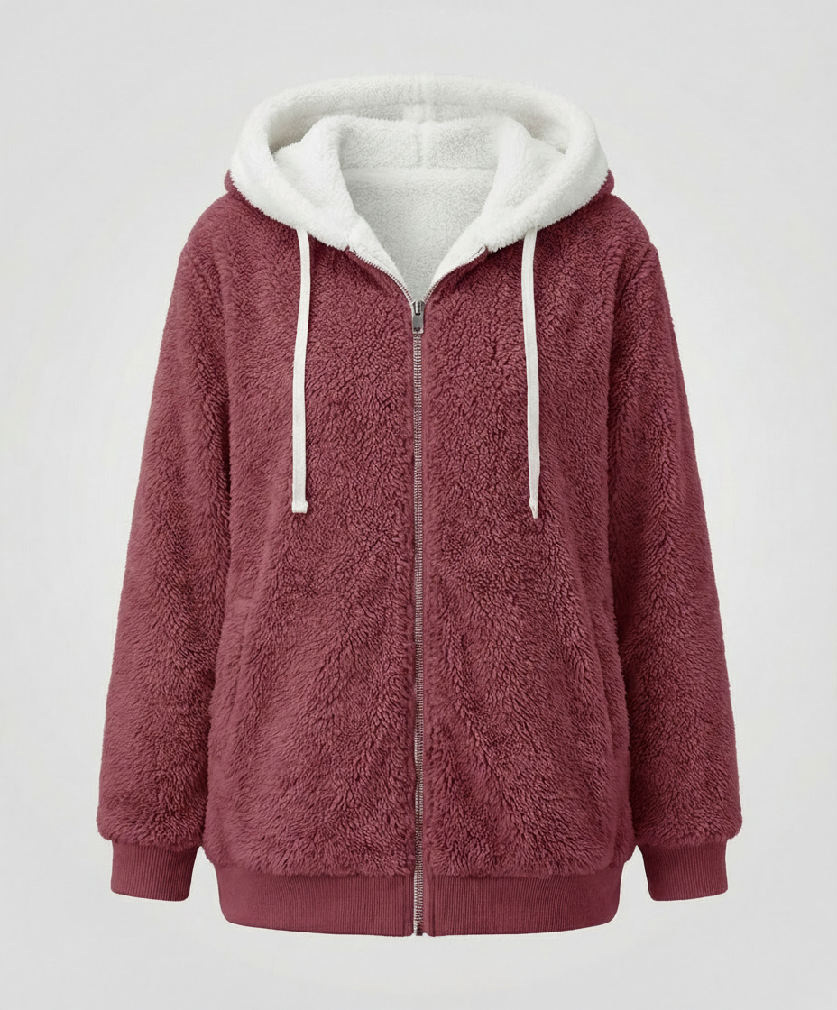 Oversized Women's Hooded Sherpa Jacket with Full Zip and Adjustable Drawstrings