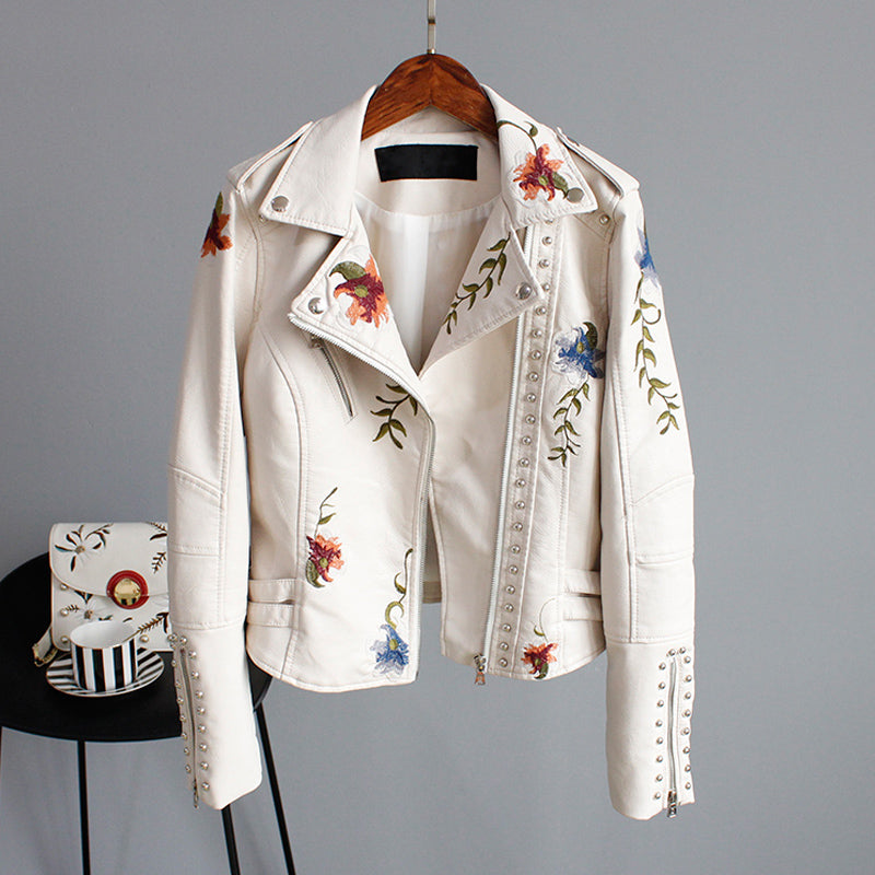 Embroidered Floral Moto Jacket with Studded Trim for Women