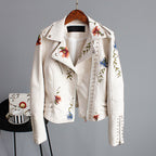 Floral Embroidered Women's Moto Jacket with Studded Trim