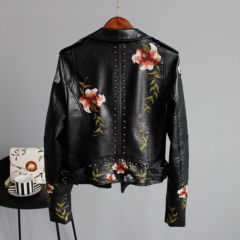 Floral Embroidered Women's Moto Jacket with Studded Trim
