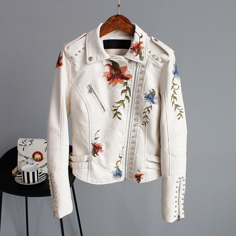 Floral Embroidered Women's Moto Jacket with Studded Trim