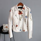 Floral Embroidered Women's Moto Jacket with Studded Trim