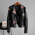Embroidered Floral Moto Jacket with Studded Trim for Women