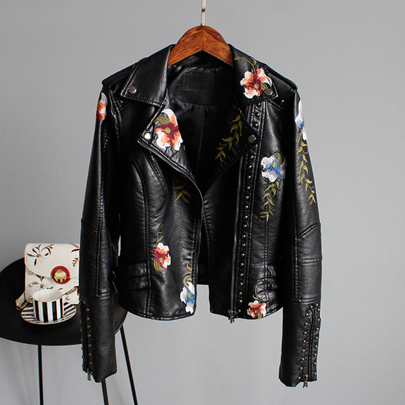 Floral Embroidered Women's Moto Jacket with Studded Trim