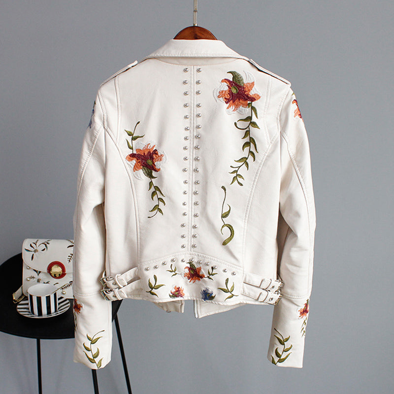 Floral Embroidered Women's Moto Jacket with Studded Trim