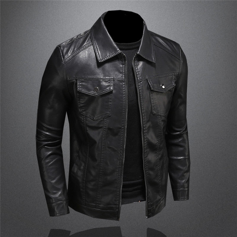 Men's Classic Biker Jacket with Stand Collar and Zip Closure for Versatile Style