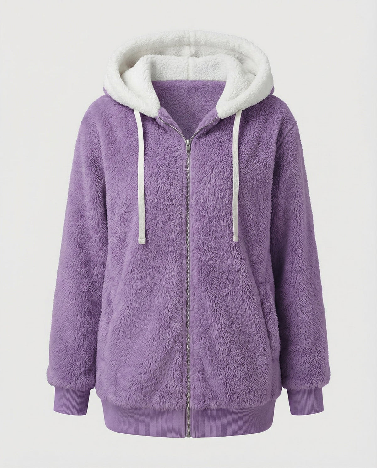 Oversized Women's Hooded Sherpa Jacket with Full Zip and Adjustable Drawstrings