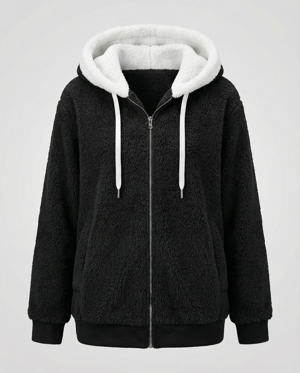 Oversized Women's Hooded Sherpa Jacket with Full Zip and Adjustable Drawstrings