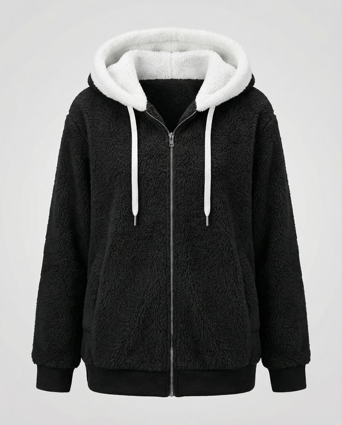 Oversized Women's Hooded Sherpa Jacket with Full Zip and Adjustable Drawstrings