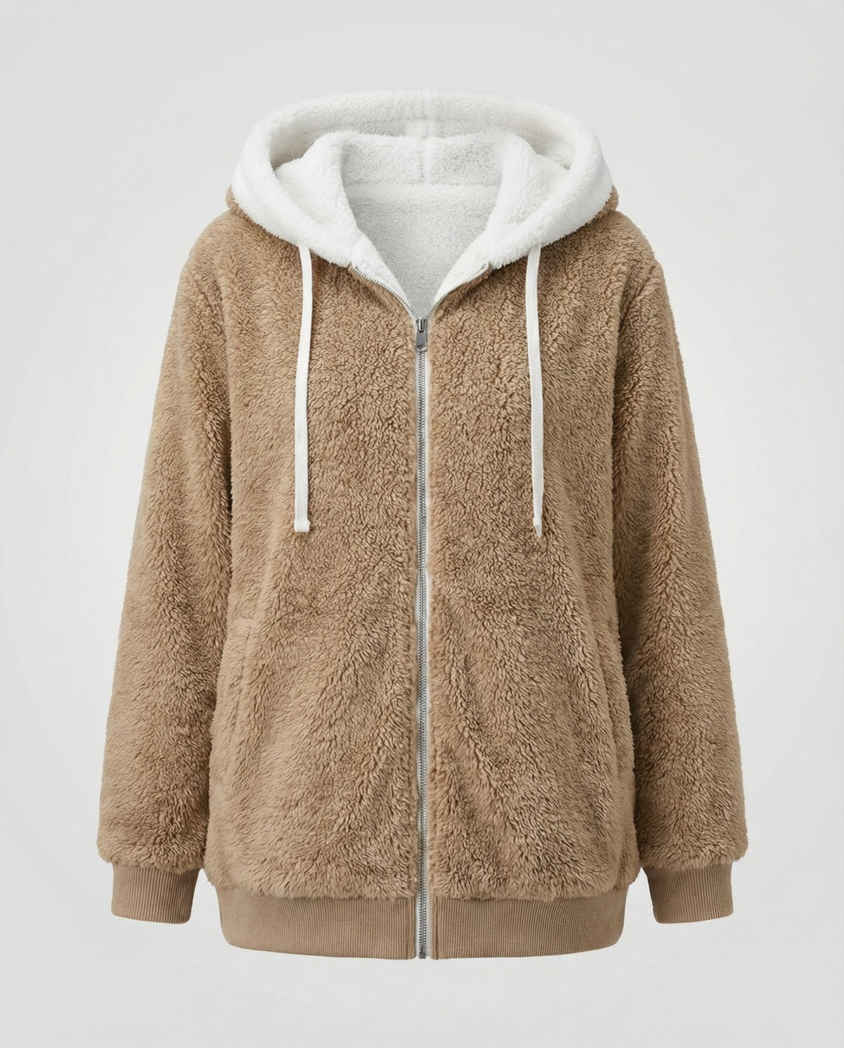 Oversized Women's Hooded Sherpa Jacket with Full Zip and Adjustable Drawstrings