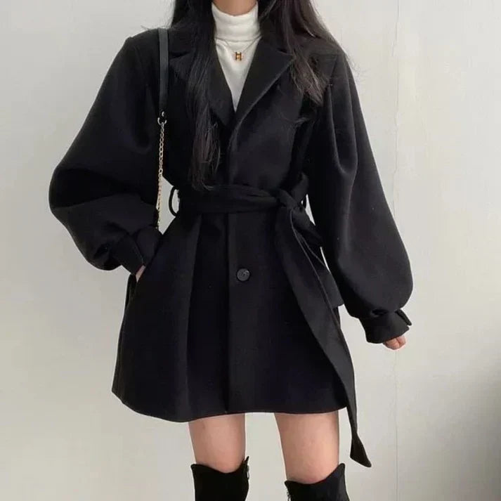 Double-Breasted Wrap Coat with Notched Lapel and Self-Tie Belt for Women