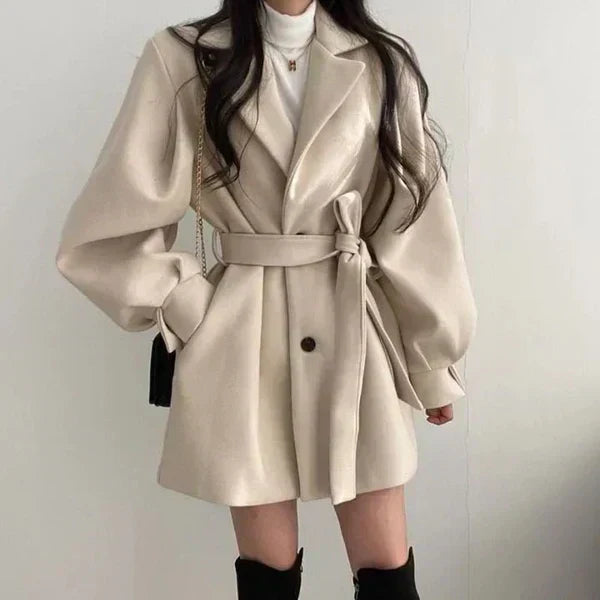 Double-Breasted Wrap Coat with Notched Lapel and Self-Tie Belt for Women