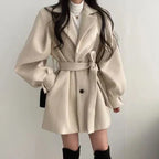 Double-Breasted Wrap Coat with Notched Lapel and Self-Tie Belt for Women