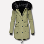 Women's Faux Fur Trim Hooded Parka Jacket with Flap Pockets and Adjustable Waist