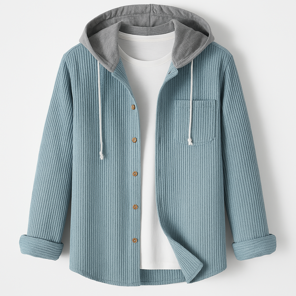 Hooded Overshirt for Men with Button Placket and Chest Pocket